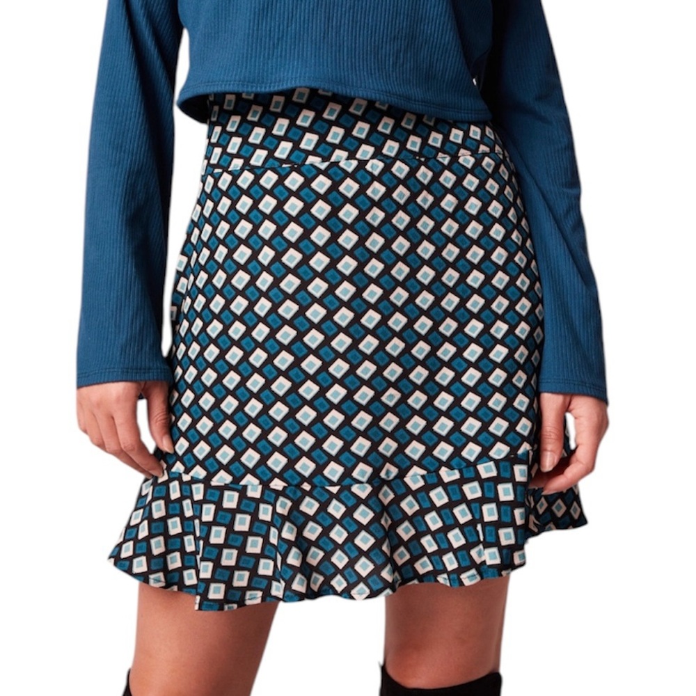 New Band Of The Free Diamond Print Ruffle Mini Skirt Colette Black Teal Size XS